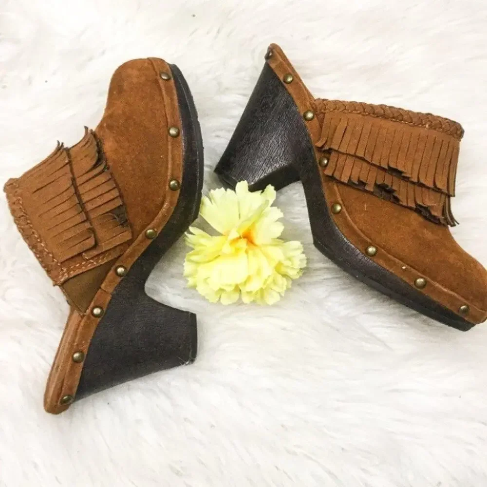 ROUTE 66 Casual Fringe Slip On Mules Brown Boho - Picture 1 of 13